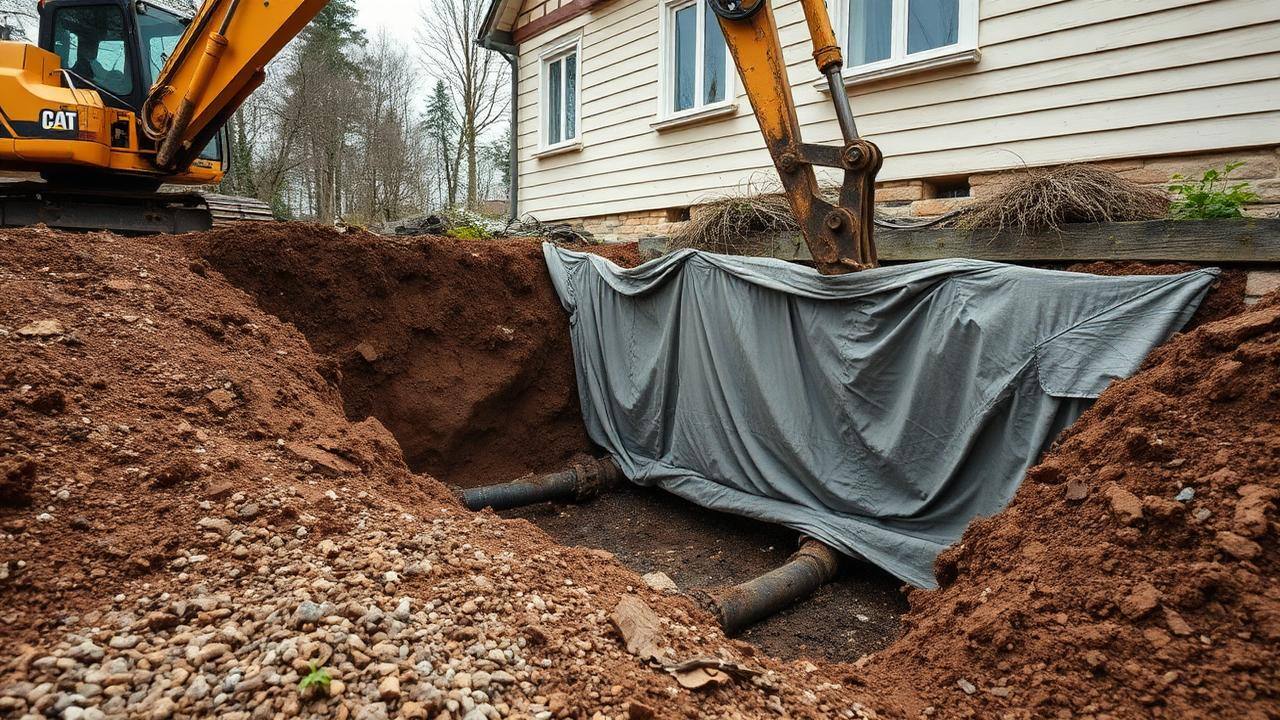 Grävmaskin gräver fram husgrund med gammal dränering, fiberduk och dräneringsrör