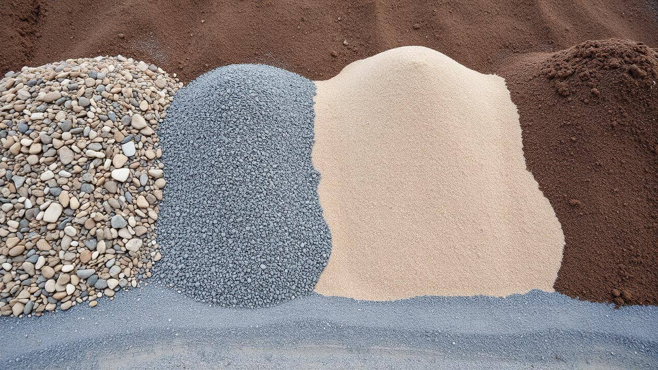 Högar av makadam, grus, sand och matjord bredvid varandra på täkt