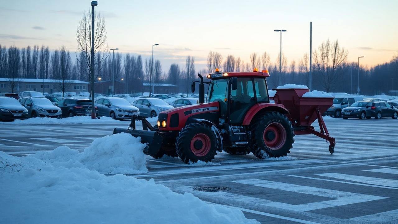 Traktor med snöplog och sandspridare röjer en parkering i gryningen
