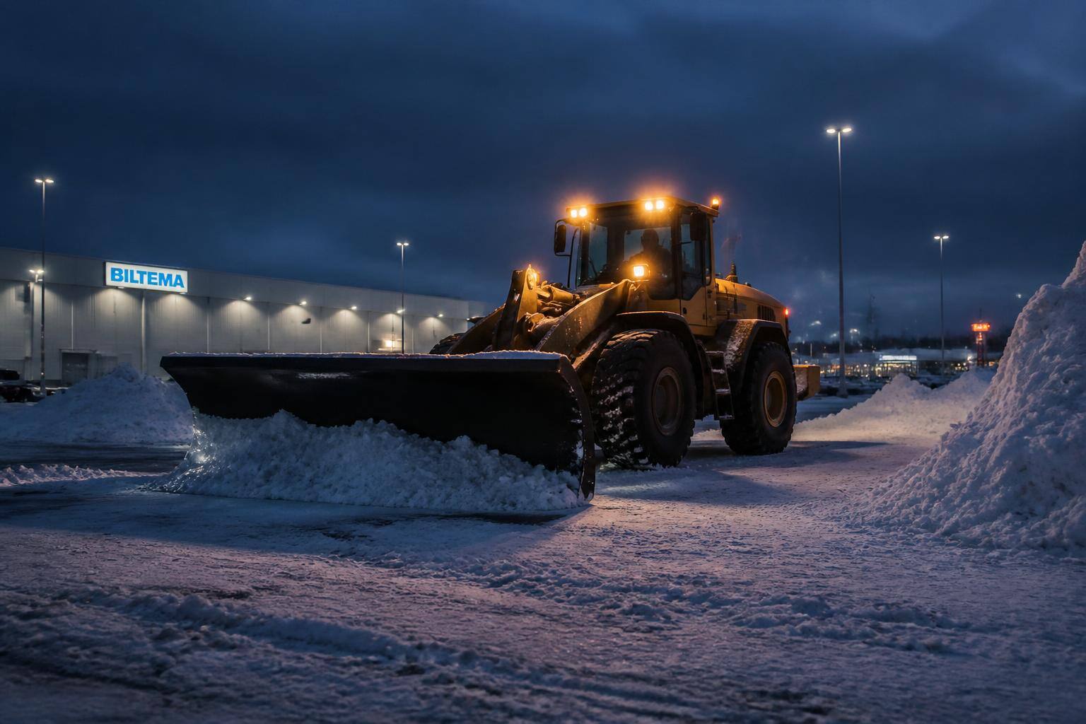 Traktor som plogar snö på en parkering i Köping
