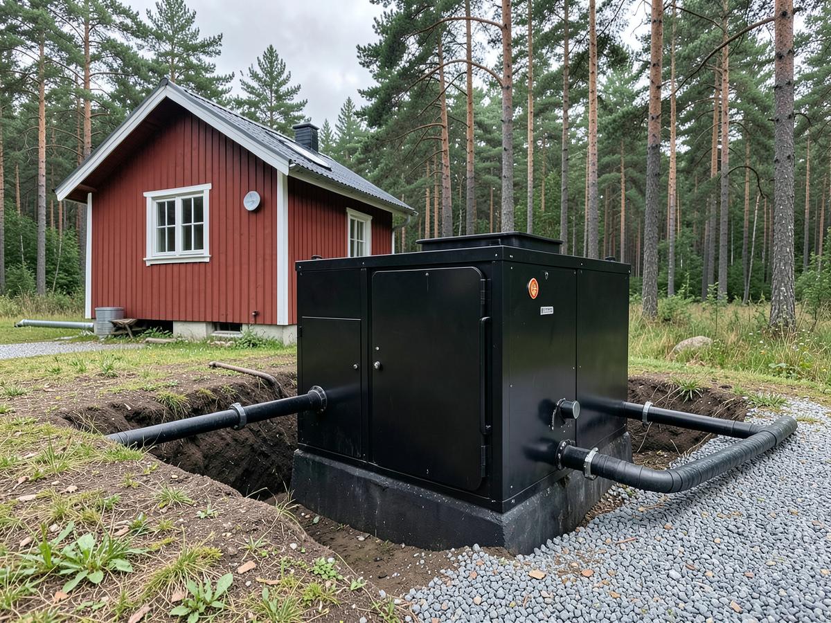 Kompakt anläggning för BDT-rening installerad vid ett rött fritidshus i skogsmiljö