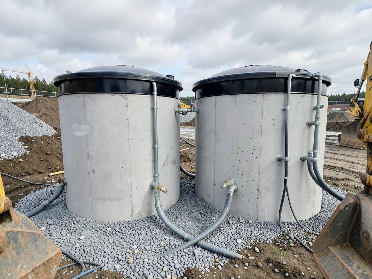 Betongbehållare till minireningsverk uppställda på grus inför installation