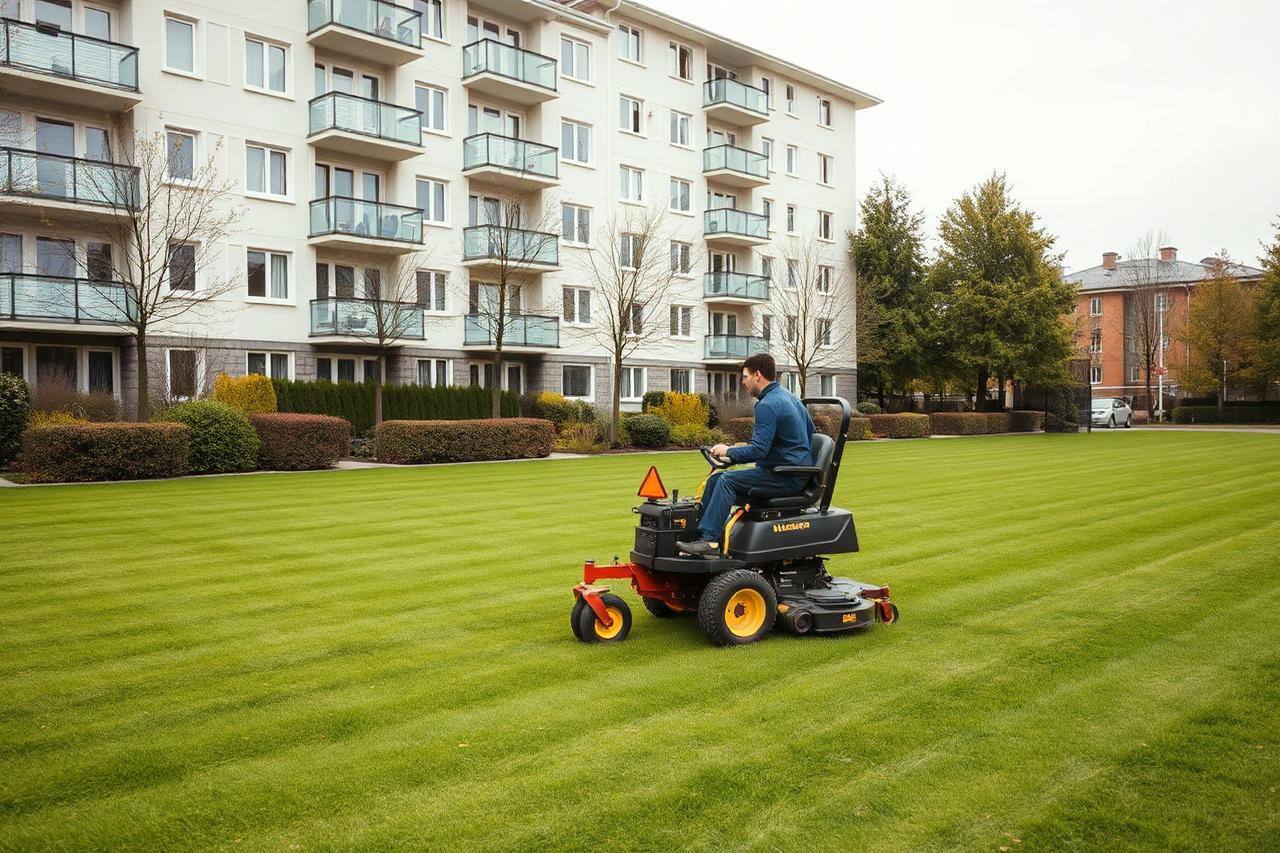 Åkgräsklippare som klipper gräsyta framför flerbostadshus