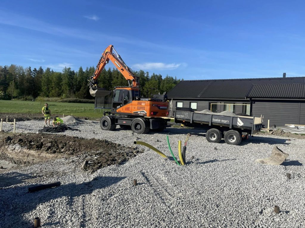 Markarbeten i Köping – Bobbens Entreprenad utför grundläggning med grävmaskin, dränering och förberedelse för husbygge.